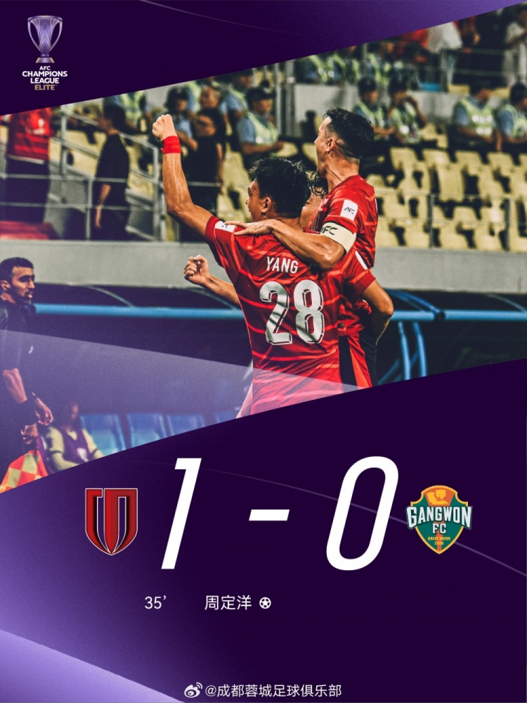 取得亚冠正赛首胜!成都蓉城1-0战胜江原FC,周定洋获得本场最佳